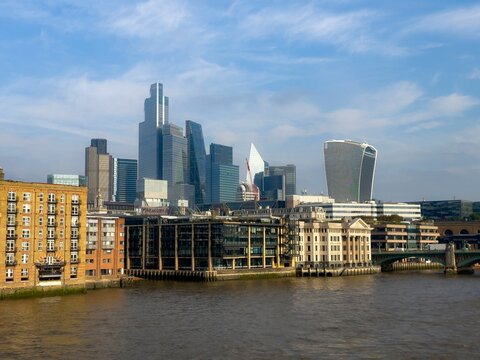 Modern skyline of London (City of London) on the banks of the River Thames, skyscrapers in Bishopsgate, the Leadenhall Building (also known as &lsquo;The Cheesegrater') and &lsquo;The Walkie Talkie', London, England, United Kingdom