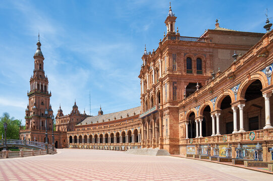 Plaza de Espana, one of the most spectacular spaces in Seville, captured on a sunny day, Spain