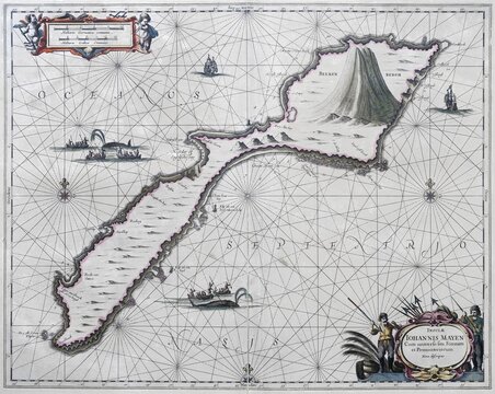 Atlas Maritimus, Jan Mayen, Insulae Johannis Mayen nova descriptio, hand-coloured copper engraving by J. Janssonius, 1650 from