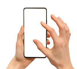 Obraz premium Smartphone mockup in hands zooming screen gesture isolated on white background. Touch screen user