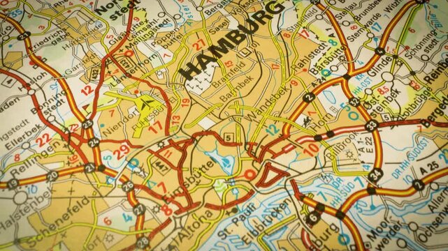 road routes to Hamburg, Germany &ndash; smooth gliding movement over map