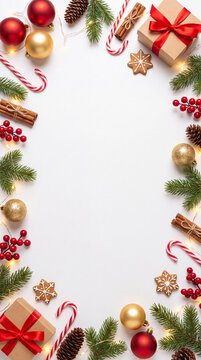 Christmas flat lay border with ornaments, gifts, candy canes, pine branches, cinnamon, pinecones, cookies, and berries on white background