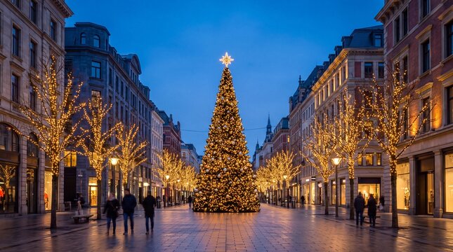 Illuminated Christmas tree surrounded by glowing street trees and historic buildings on an elegant city shopping street at dusk