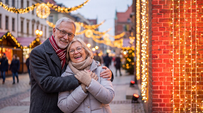 Elderly couple embracing beneath glowing winter street lights, wearing warm coats and scarves on a decorated urban pedestrian street