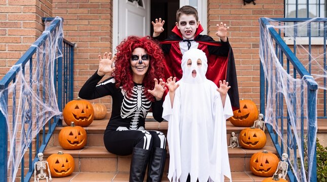 Family in Halloween costumes posing as vampire, skeleton, and ghost on decorated brick house steps with carved pumpkins