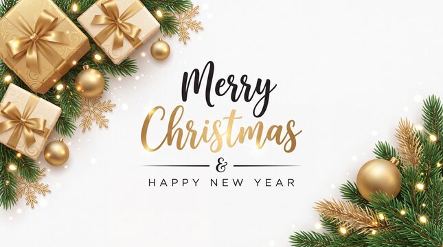 Christmas greeting banner with wrapped gifts, ornaments, evergreen branches, snowflakes, and Merry Christmas Happy New Year lettering
