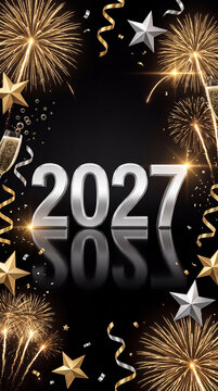 2027 silver numerals with reflective surface, gold fireworks, stars, confetti, and curling ribbons on black New Year celebration background