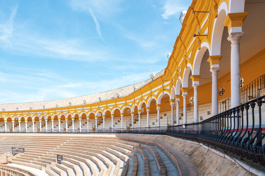 The architecture of the Plaza de Toros de la Real Maestranza, the bullfighting ring located in Seville, Spain
