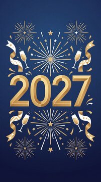 2027 New Year greeting banner with gold fireworks, champagne glasses, curling ribbons, stars, and navy blue background illustration