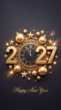 Golden 2027 New Year design with ornate clock, stars, ornaments, glowing lights, and Happy New Year lettering on dark background