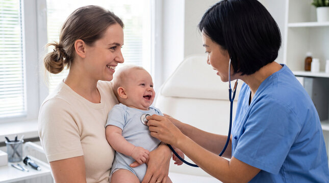 Pediatrician examining smiling infant with stethoscope while mother holds baby in bright contemporary clinic examination room