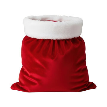 Red velvet santa claus gift sack with white fur trim isolated on transparent background