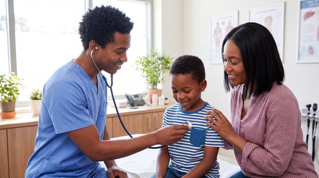 Pediatrician examining smiling young boy with stethoscope beside supportive mother in bright modern medical examination room