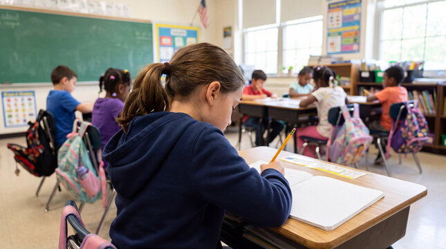 Schoolgirl writing in notebook at classroom desk with pencil, backpacks, classmates, chalkboard, and bright windows in elementary school classroom
