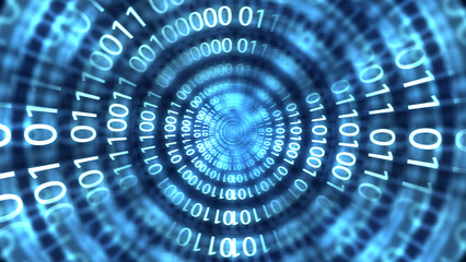 Fototapeta premium Abstract binary code tunnel with glowing blue digits zero and one, symbolizing big data, cybersecurity, digital communication, and cyberspace. Technology or cybersecurity background