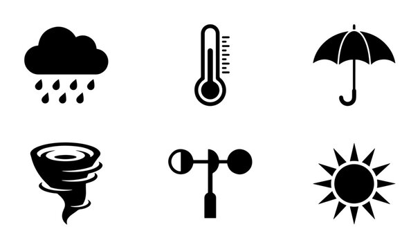 Weather Icons Set: Rain Cloud, Thermometer, Umbrella, Tornado, Anemometer, Sun