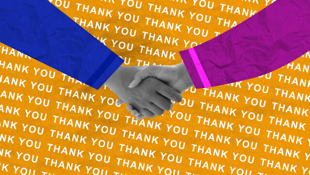 Handshake against a bright orange textured background with repeating thank you text, flanked by blue and purple sleeves, symbolizing gratitude, partnership, and appreciation. Thank You Message