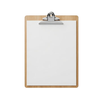 Wooden clipboard with blank white paper sheet isolated on transparent background
