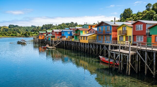 Colorful stilt houses on water, Chilo&eacute; Island, Chile