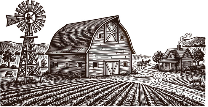 Vintage woodcut farm landscape with rustic wooden barn traditional windmill cottage field furrow lines and grazing cattle livestock