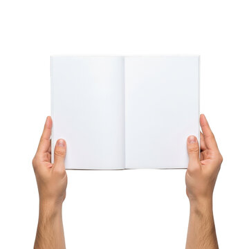 Hands holding an open blank book isolated on transparent background