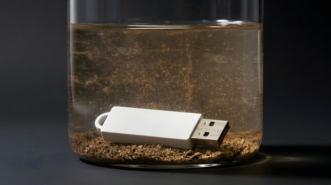 White usb flash drive submerged in a glass jar of murky water and dirt illustrating severe electronic water damage and a critical data loss hazard