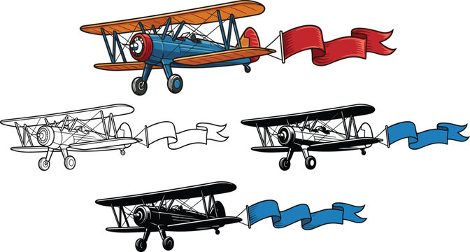 Vintage biplane airplane set pulling advertising blank ribbon banners flying in air for retro aviation festival message promotion