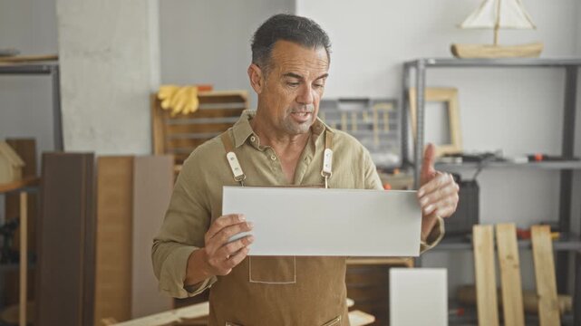 Man carpenter holds a wood plank with hands and gestures as he explains joinery techniques in studio; craft pride.