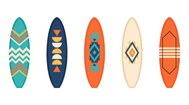 Colorful surfboard set with geometric patterns isolated on transparent background