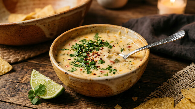 Creamy queso dip in a rustic ceramic bowl with tortilla chips and lime on a dark wooden table