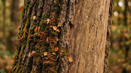 Obraz premium Close-up of rough tree bark covered with green moss and small autumn leaves in a softly blurred forest. Concept natural textures, seasonal ads and editorial design. Generative AI.