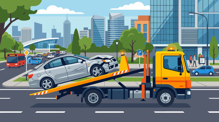 Fototapeta premium Tow Truck Hauling Damaged Car in City Street Scene