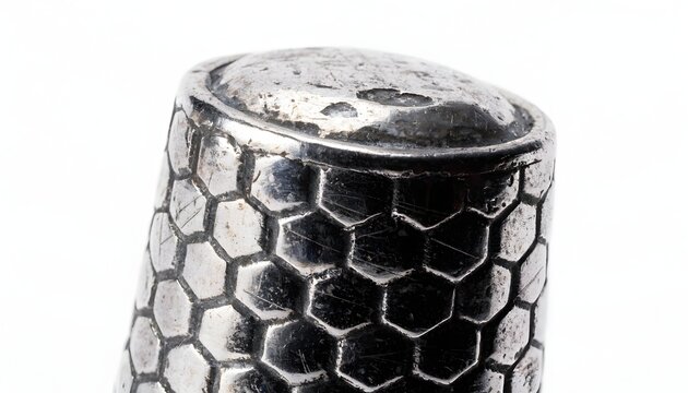 Thimble made of textured metal features a repeating hexagonal honeycomb pattern for sewing protection.