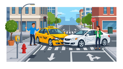 Fototapeta premium Car Crash: Taxi and Sedan Collision on City Street