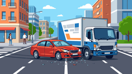Fototapeta premium Car Truck Collision on City Street with Debris