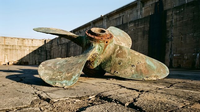 Weathered ship propeller covered in barnacles resting on cracked concrete inside a dry dock showcasing heavy duty maritime vessel maintenance