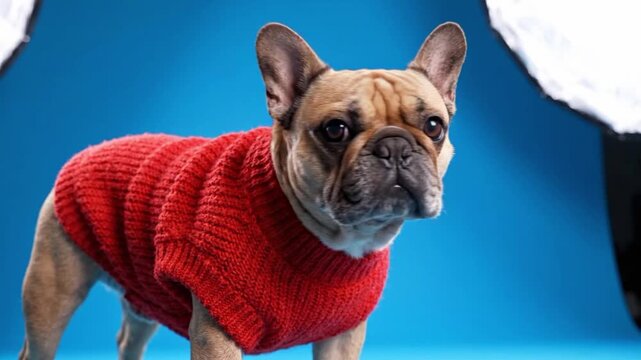 Cute French Bulldog wearing clothing stands at VSRExport under studio lights