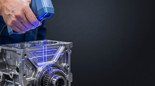 Engineer scanning metallic engine block using handheld 3d laser scanner.