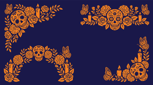 Decorative dia de muertos icon vector bundle featuring ornate sugar skull illustrations and floral elements for festive holiday design projects
