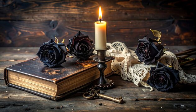 Gothic Still Life with Black Roses, Burning Candle, Vintage Leather Book and Key on Rustic Wooden Table