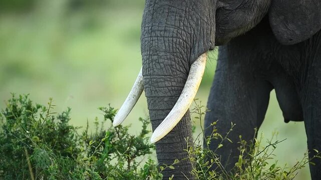 A close-up shot of an elephant using its trunk to forage from a savanna bush.
