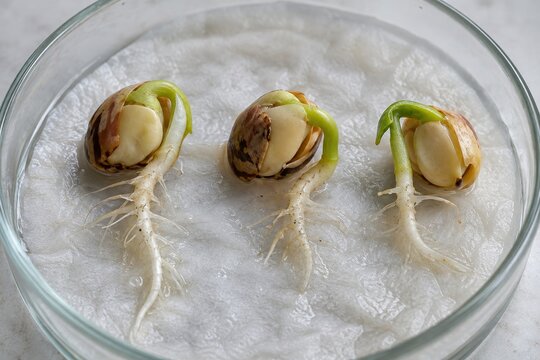 Germinating bean seeds on damp filter paper in a glass dish