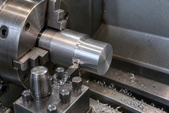 Metal lathe shaping an aluminum cylinder in a workshop