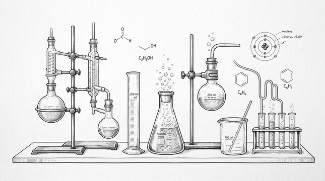 Detailed chemistry lab equipment set featuring glassware chemical formulas and scientific diagrams in a hand sketch