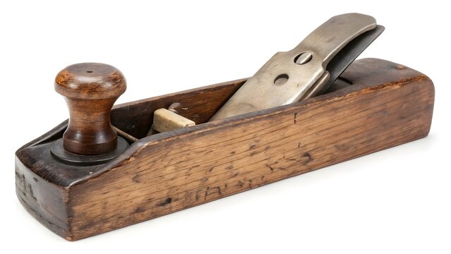 Old wooden hand plane tool featuring a polished metal blade and a round knob resting diagonally on white surface.