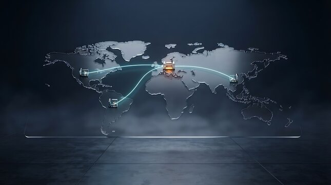 3D Glass World Map Model with Connected Mini Server Data Centers and Glowing Fiber Optic Lines Across Continents for Global Cloud Infrastructure, Data Synchronization, and Telecommunication Networks