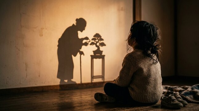 Child watches shadow play of elder with bonsai tree, imagination, storytelling, tradition