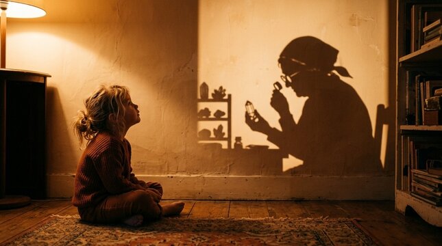 Child watching shadow puppet show on wall, storytelling, imagination