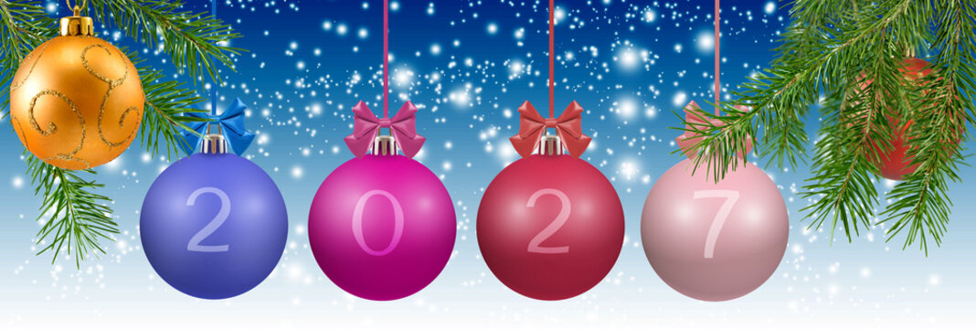 Colorful ornaments with the numbers representing the year 2027 hanging from green branches in a snowy scene