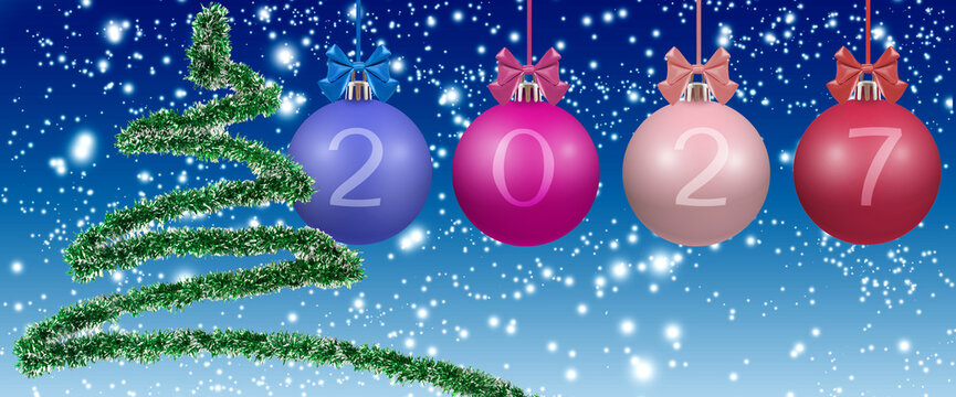 Christmas decorations with a Christmas tree and ornaments showing the year 2027